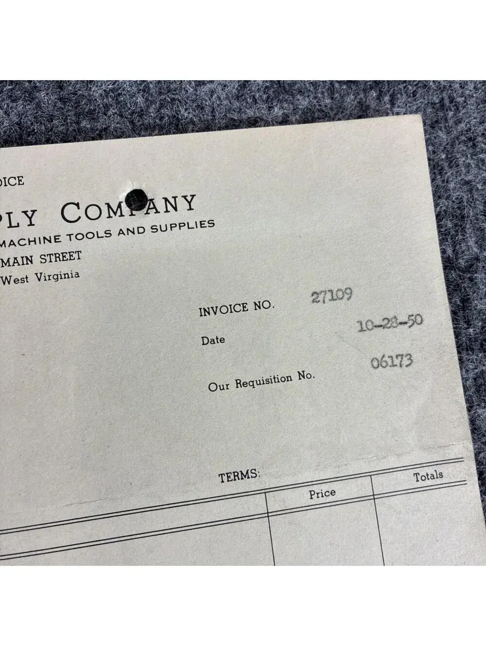 1950 Keener Supply Co Wheeling WV Invoice to M Marsh Cigar Co Bearing Purchase
